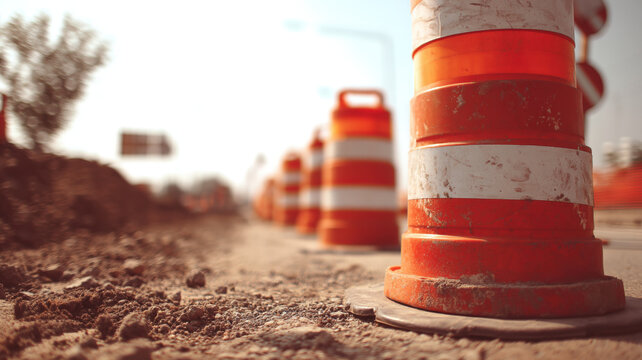 Low angle view of dirt road with orange traffic barrels and sunset light during road construction zone work.
