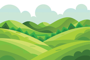 Obraz premium Rolling green hills cascade beneath a soft, pastel sky with fluffy white clouds above