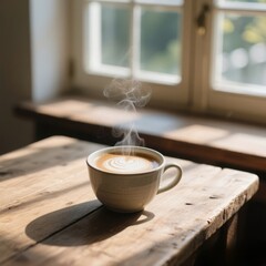 close up cup of coffee placed on a rustic wooden table near a sunlit window,