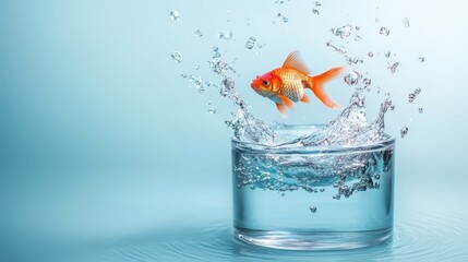 A dynamic image capturing a goldfish leaping from a glass bowl, sending droplets of water flying, symbolizing freedom and the quest for exploration in a vibrant setting.