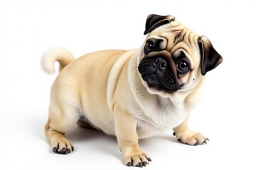 Obraz premium Adorable pug dog, isolated on pure white background , companion, closeup, wrinkles