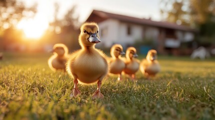 A charming line-up of fluffy ducklings strolls through the lush green grass, basking in the warm sunlight, exemplifying innocence and joyful exploration of nature.