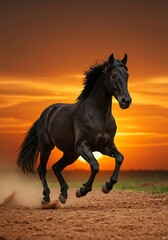 Black Horse Running at Sunset