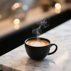 A close-up of a steaming cup of coffee on a sleek marble countertop