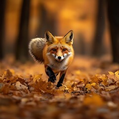 Obraz premium A vibrant red fox swiftly running through autumn leaves.