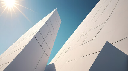 Modern wall decor with sunlight pouring in, copy space. Bottom view to exterior design texture. Contemporary building pattern with blue clouds