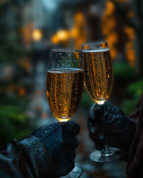 Close-up shot of two champagne glasses clinking in a toast. The glasses are held by hands covered by a black gloves, festive and celebratory atmosphere