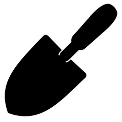 A simple black silhouette image of a garden trowel on a white background
