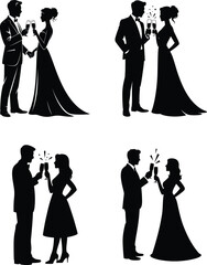 Set of Couple Toasting with Champagne Silhouette – Elegant Party Celebration Vector Art