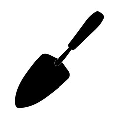 Black and white illustration of a gardening trowel on a white background