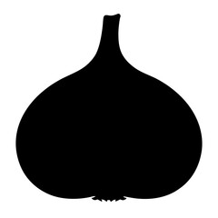 A bold, monochrome silhouette of a garlic bulb against white backdrop