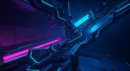 Abstract Cyberpunk Neon Glowing Lines, Futuristic Sci-Fi Digital Art  High-Resolution 3D Render of a Complex Network of Interconnected Glowing Tubes and Pipes in Vivid Pink and Blue Neon Colors