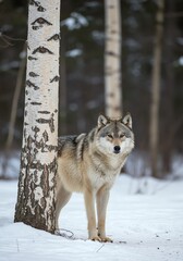 Wolf Standing by Birch Tree in Winter