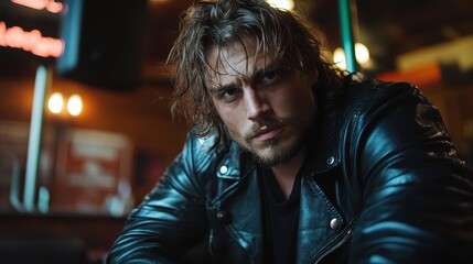 A captivating close-up of a rugged man with tousled hair wearing a black leather jacket, showcasing his intense gaze and the ambiance of a lively bar setting.