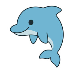 Cute cartoon dolphin swimming with smiling face, isolated on transparent background.