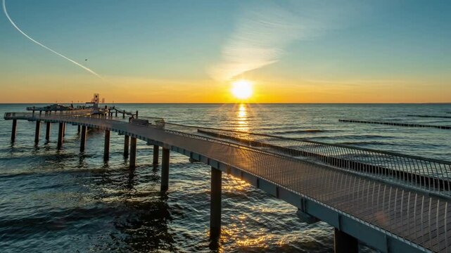 Koserow pier, Usedom Island, Germany, in the soft light of an April sunrise. Wide-angle panorama over calm sea, symbol of freedom, reflection and life's journey.