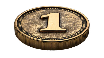 Gold coin with number 1 engraved in center, 3D cartoon plastic style, isolated on white background