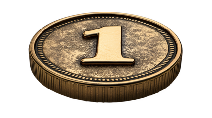 Gold coin with number 1 engraved in center, 3D cartoon plastic style, isolated on white background