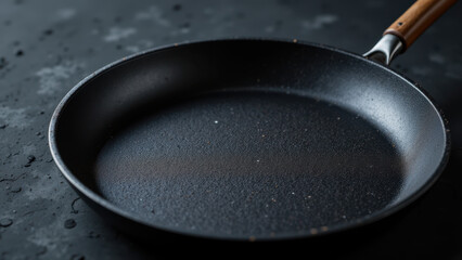 Skillet on a kitchen counter with water droplets.