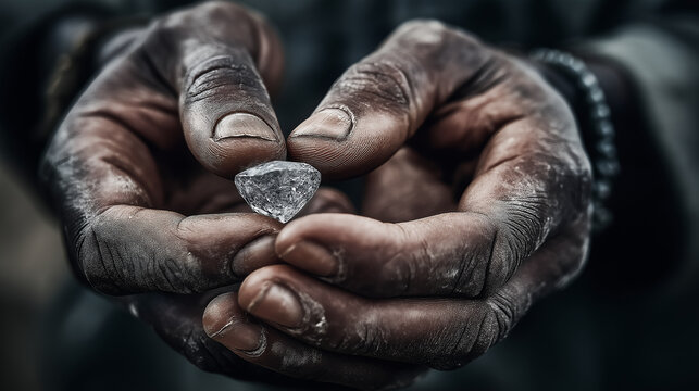 Miner holding a large uncut diamond in dirty hands