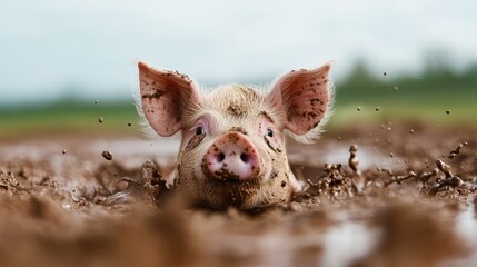A playful pig splashing in a muddy puddle under soft sunlight, capturing the essence of carefree farm life and the joy of muddy adventures in nature's playground.