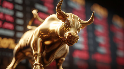 Golden bull charging on stock market ticker background representing aggressive financial optimism and prosperity