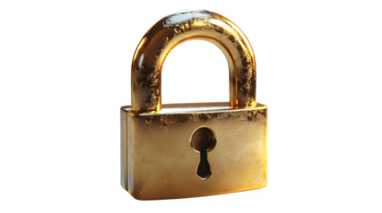 Gold locked padlock in cartoon 3D plastic style, isolated on white background