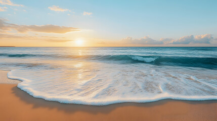 Obraz premium Serene sunset over ocean waves gently lapping sandy shore Tranquil beach scene with calm water and warm light