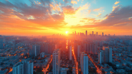 Sunrise over a sprawling city, vibrant colors illuminating modern skyline