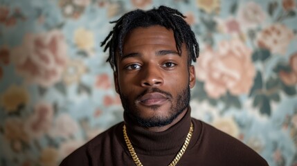 Close-up portrait of a man with dreadlocks, showcasing his strong features and calm demeanor against a softly colored vintage floral background, blending strength and serenity.