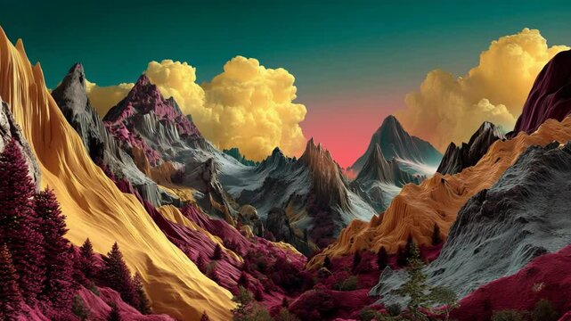Abstract mountain landscape with textured peaks, colorful foliage, dramatic sky, and whimsical clouds in a vibrant nature scene