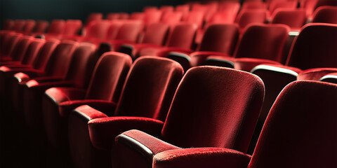 Obraz premium Rows of empty red velvet seats waiting for the audience in a theatre