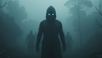 Dark Silhouette in Mist: A haunting figure emerges from the dense fog, its glowing eyes piercing through the atmospheric haze, evoking a sense of mystery and the unknown.