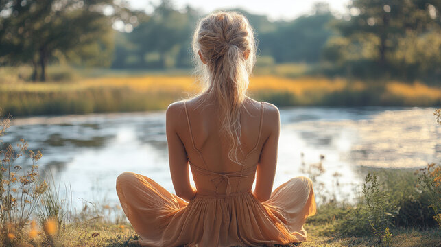 Woman in yellow dress meditating by a river in a tranquil park setting
