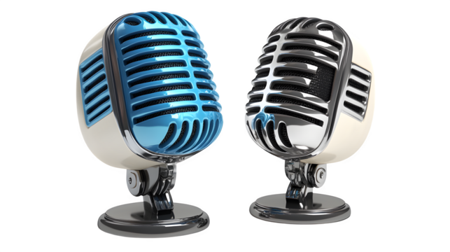 Black and blue studio microphone icon. 3D rendering isolated on white background. Cartoon plastic style
