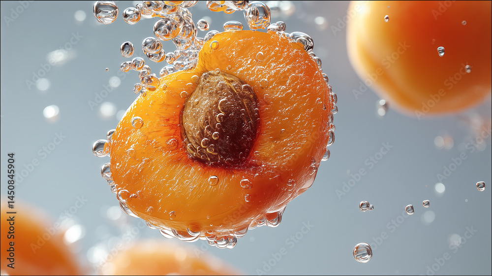 Poster ripe apricot halves submerged in sparkling water with bubbles