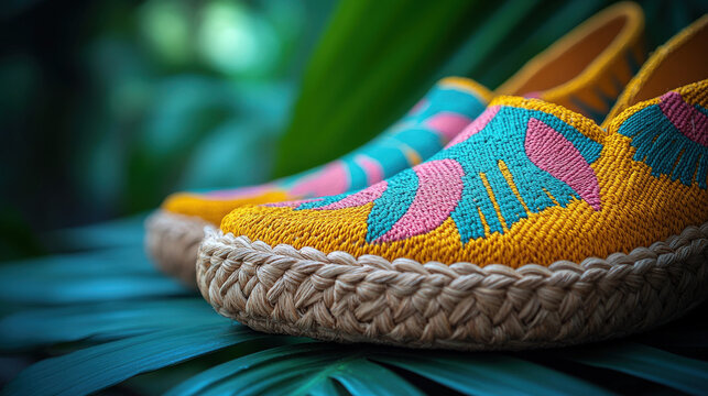 Yellow and pink floral embroidered espadrilles with a woven jute sole