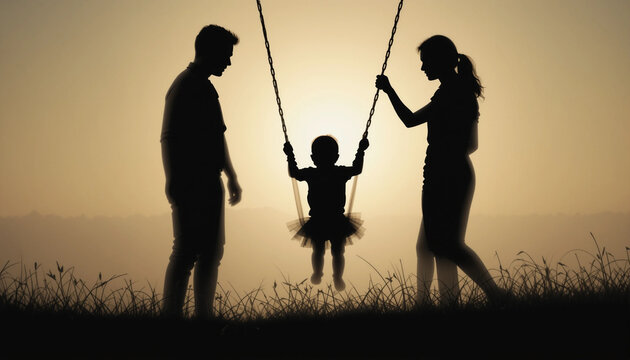 Silhouette of Family: A tender silhouette captures a family's joyful moment, as parents gently swing their child, symbolizing love, security, and the simple joys of family life under a warm.