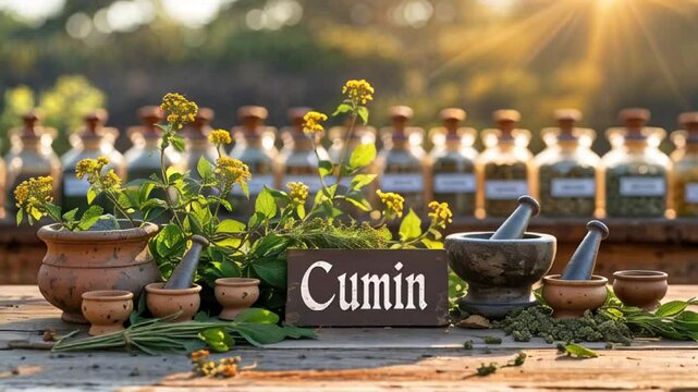 sign with inscription cumin, fresh herbs on table, sunny day

