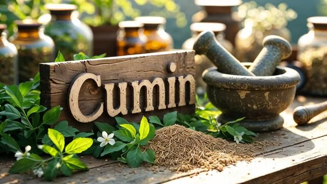 sign with inscription cumin, fresh herbs on table, sunny day

