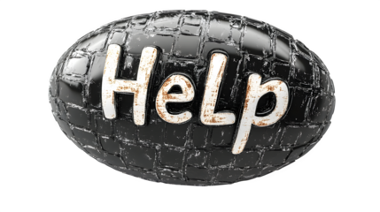 Black chat bubble with "Help" text, 3D plastic cartoon icon, isolated on white background