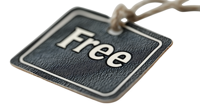 Grey price tag label with "Free" text, 3D cartoon plastic style, isolated on white background