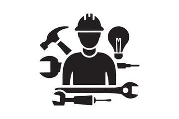 Construction Worker Tools Icon Handyman, Repair, Maintenance, Engineering Vector Symbol