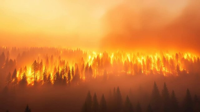 Massive forest fire consuming coniferous trees. Dramatic orange and yellow flames engulf pine forest. Smoke creates hazy atmospheric conditions. Intense environmental destruction.