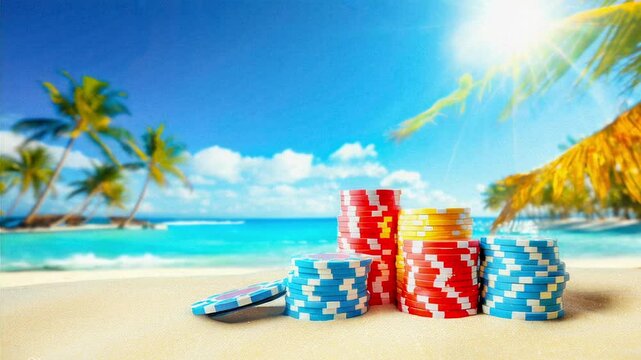 Gambling concept. Colored poker chips on white sand with seashells against seashore landscape with palm trees. Casino, poker, gambling, betting, and money win concept