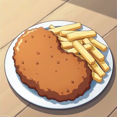 Golden fried chicken fillet resting beside crispy French fries on a bright plate in a cozy dining space