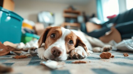 A bored dog lying on a messy floor in a casual room, surrounded by debris, illustrating a moment of abandonment with a touch of chaos that evokes fond memories of home.