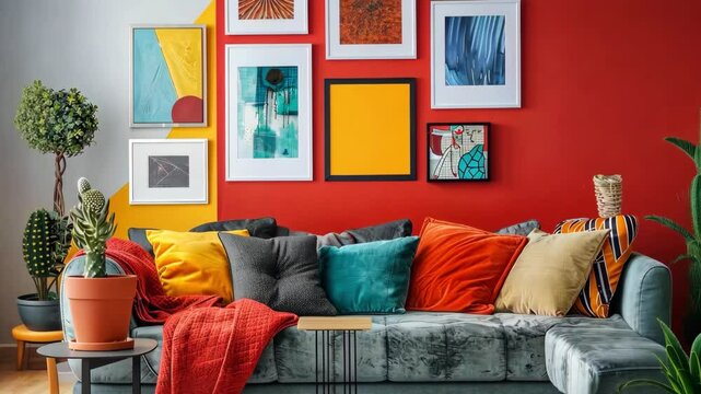 Colorful modern living room with abstract wall art, vibrant throw pillows, red accent wall, and green velvet sofa. Cozy and stylish interior with decorative plants and framed artwork