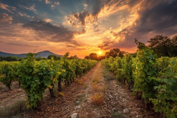 Fototapeta premium Charming Vineyard in France Captured at Sunset, Showcasing Lush Grapevines Against a Serene Countryside Backdrop