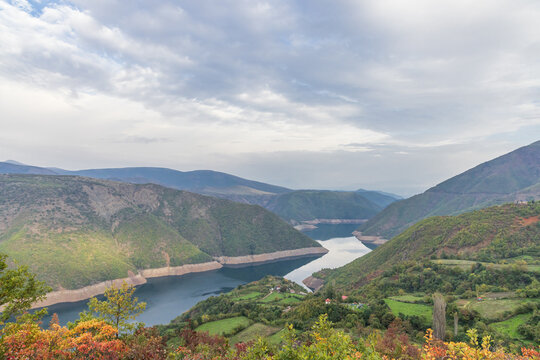 Elevated view of the Fierza Reservoir on the Drin River.